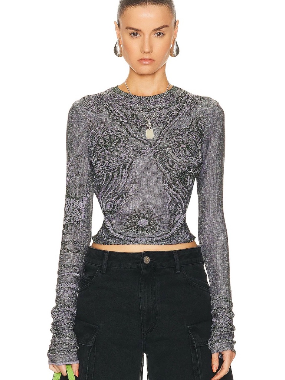 JEAN PAUL GAULTIER Soleil High Neck Long Sleeve Top in Purple/Green Size L